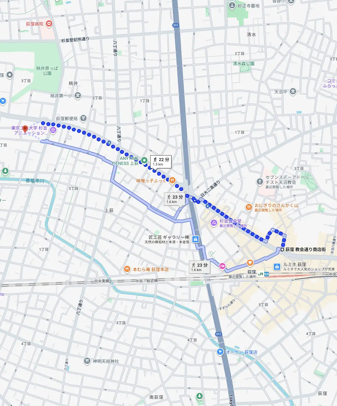 荻窪駅周辺から味噌ラーメン噌う子と、おにぎり・みそ汁さんかく山周辺へ向かう複数の徒歩ルートを示す地図