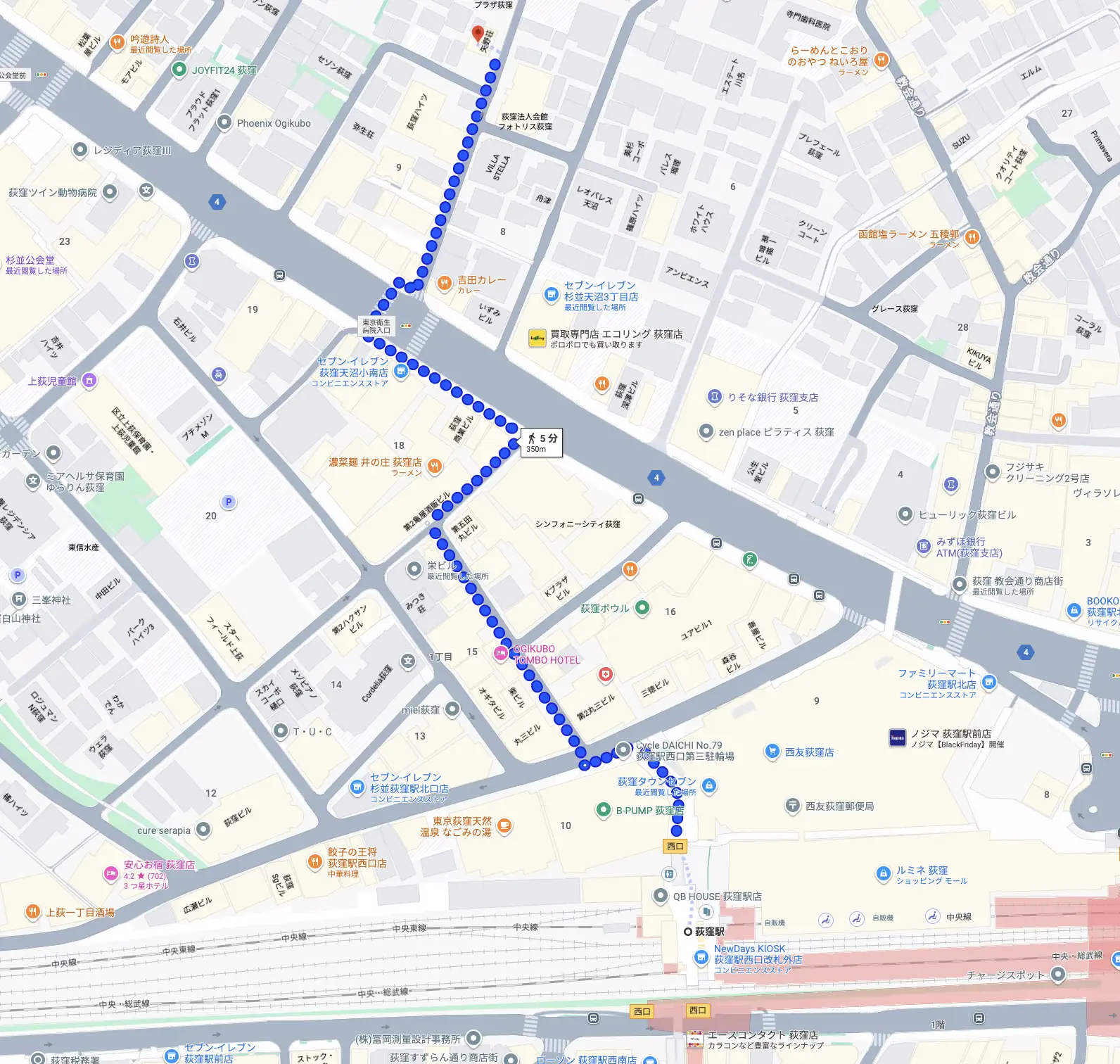 荻窪駅西口から青いルートで北方面へ向かう道順を示す地図