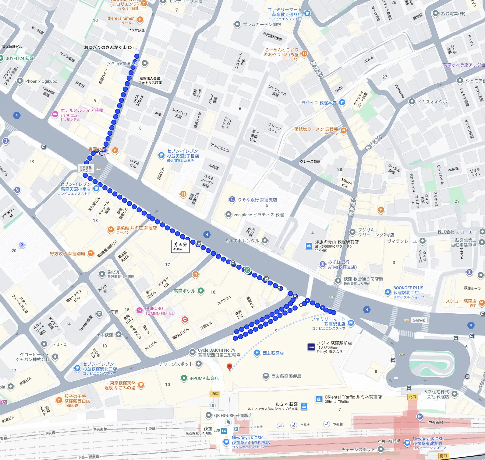 おにぎりさんかく山からセブンタウンへの道順を示す地図。徒歩約6分