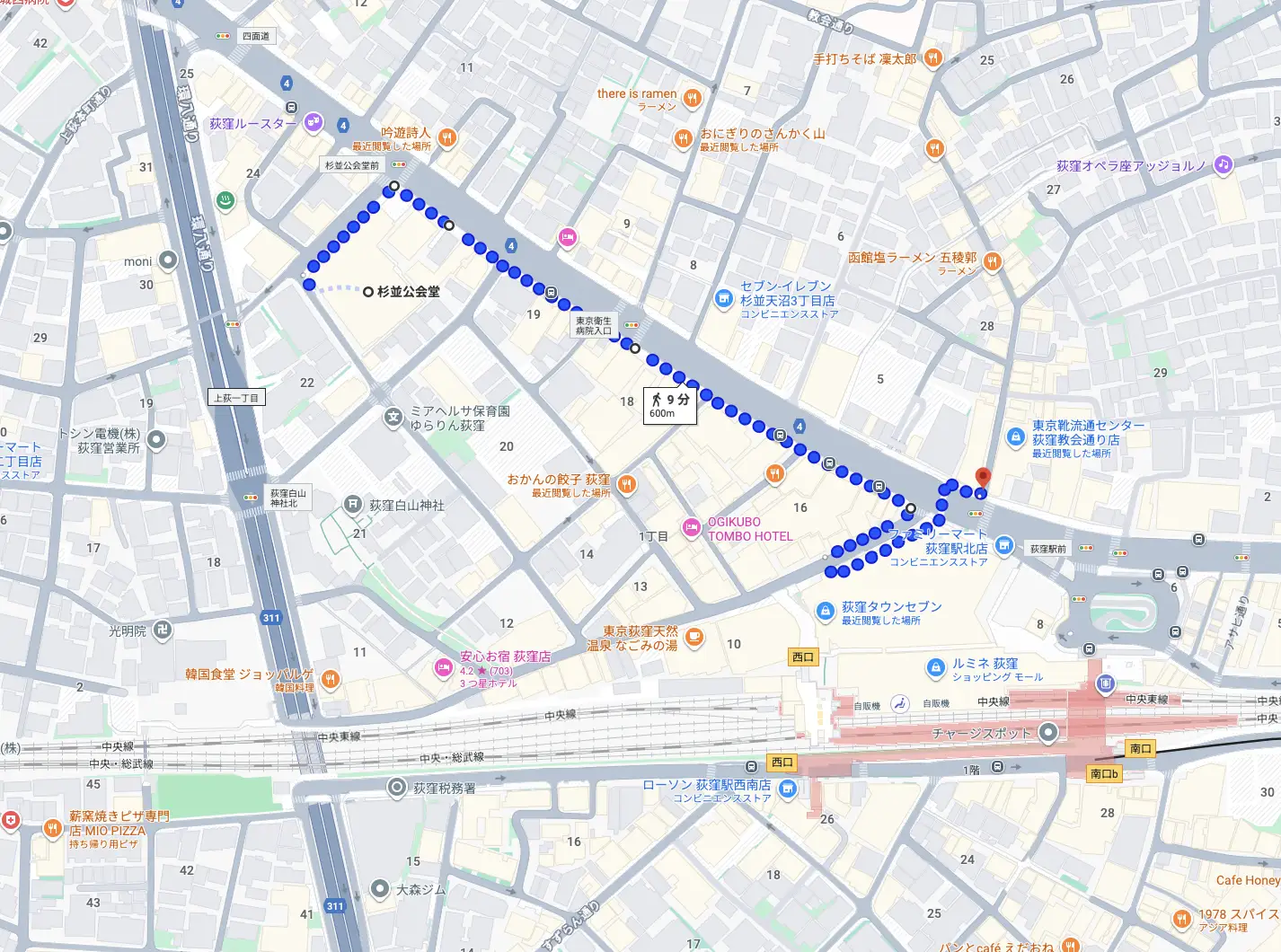 杉並公会堂から教会通りへ向かう徒歩ルートを示す地図。徒歩9分、600mの道順が表示されている