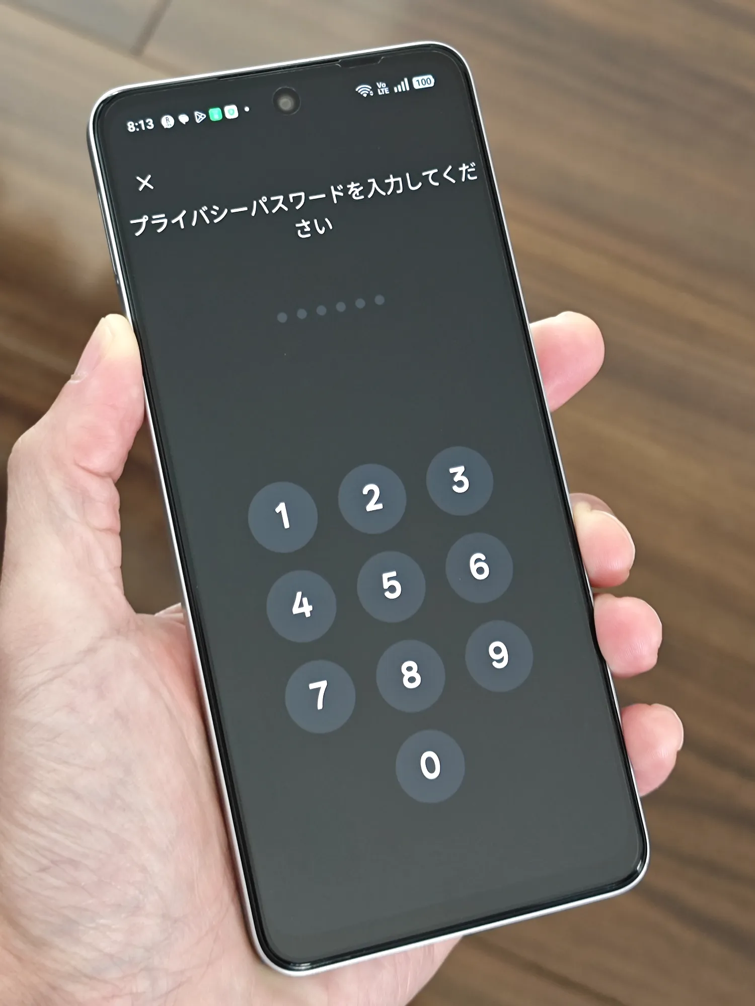 スマートフォンを手に持ち、プライバシーパスワード入力画面が表示されている様子。円形の数字キーが並ぶロック解除画面。