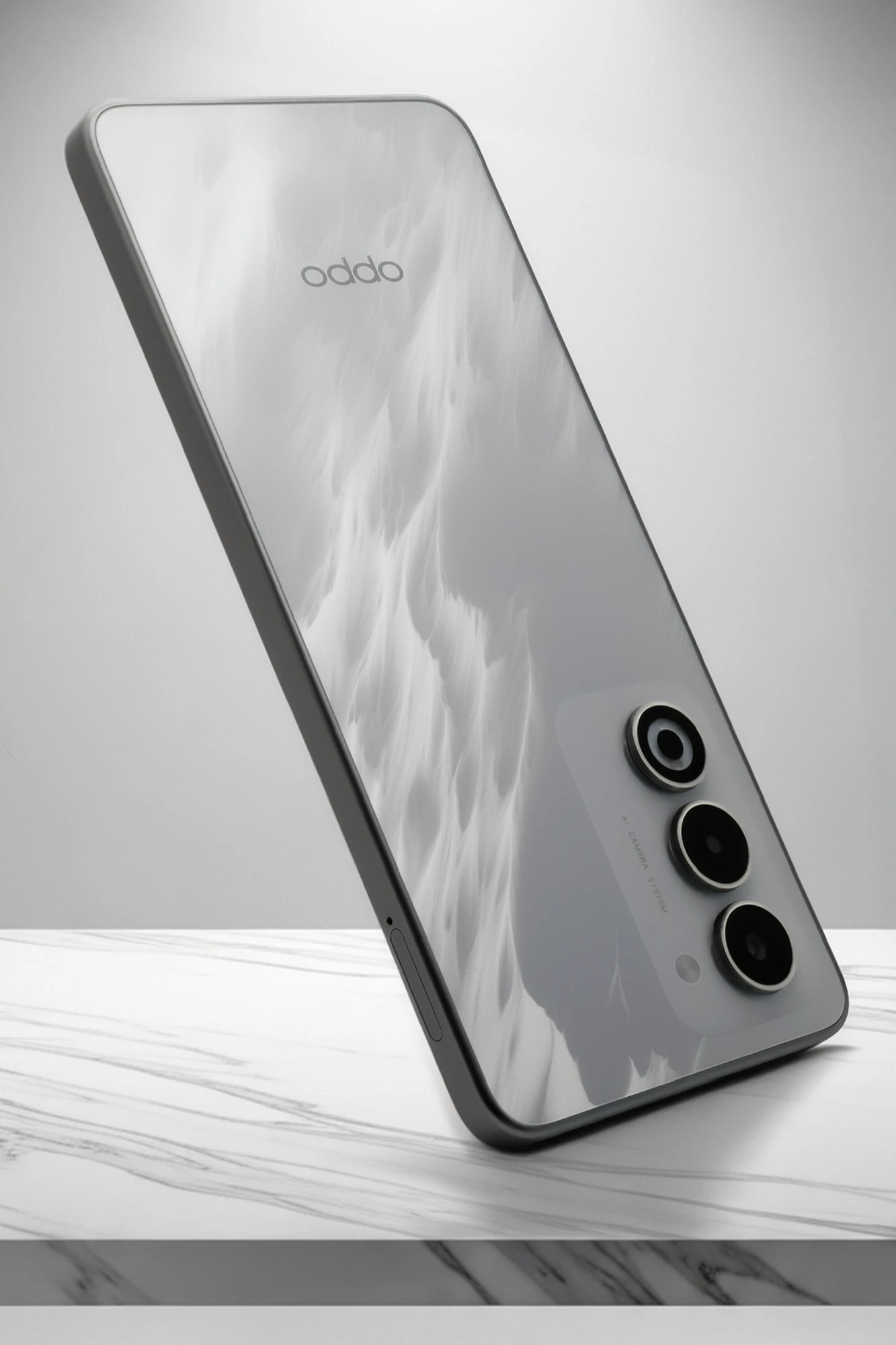 OPPO A5 5Gの斜め俯瞰写真。背面上部にはOPPOロゴ、下部には垂直トリプルカメラと「AI CAMERA SYSTEM」の刻印がある。