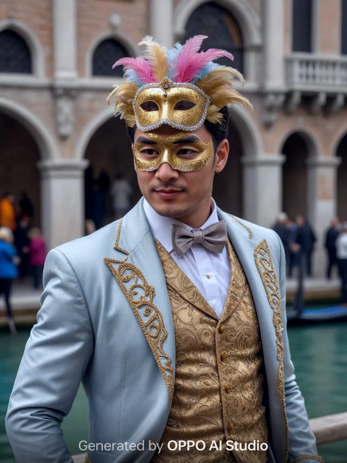 OPPO AI Studioが生成した、金色の仮面と羽飾りをつけ、豪華な衣装を身につけた男性の写真。