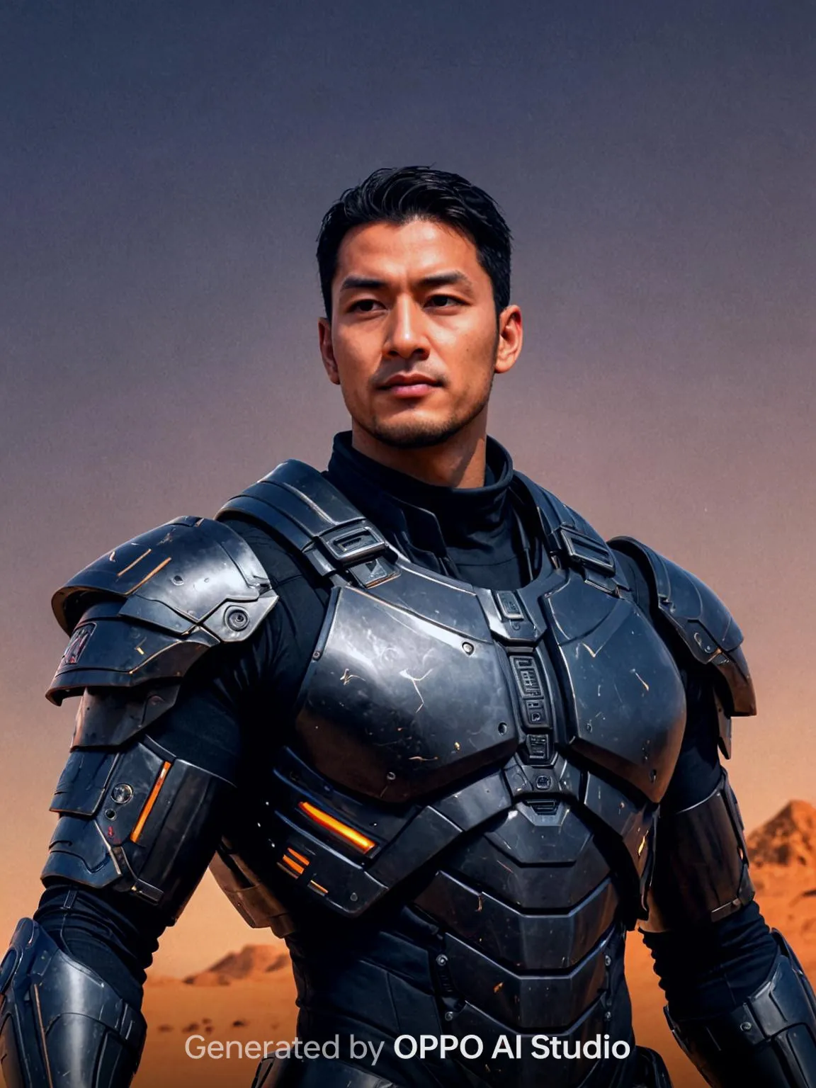 OPPO AI Studioが生成した、黒いメカアーマーを着た男性が砂漠でポーズを取る画像。