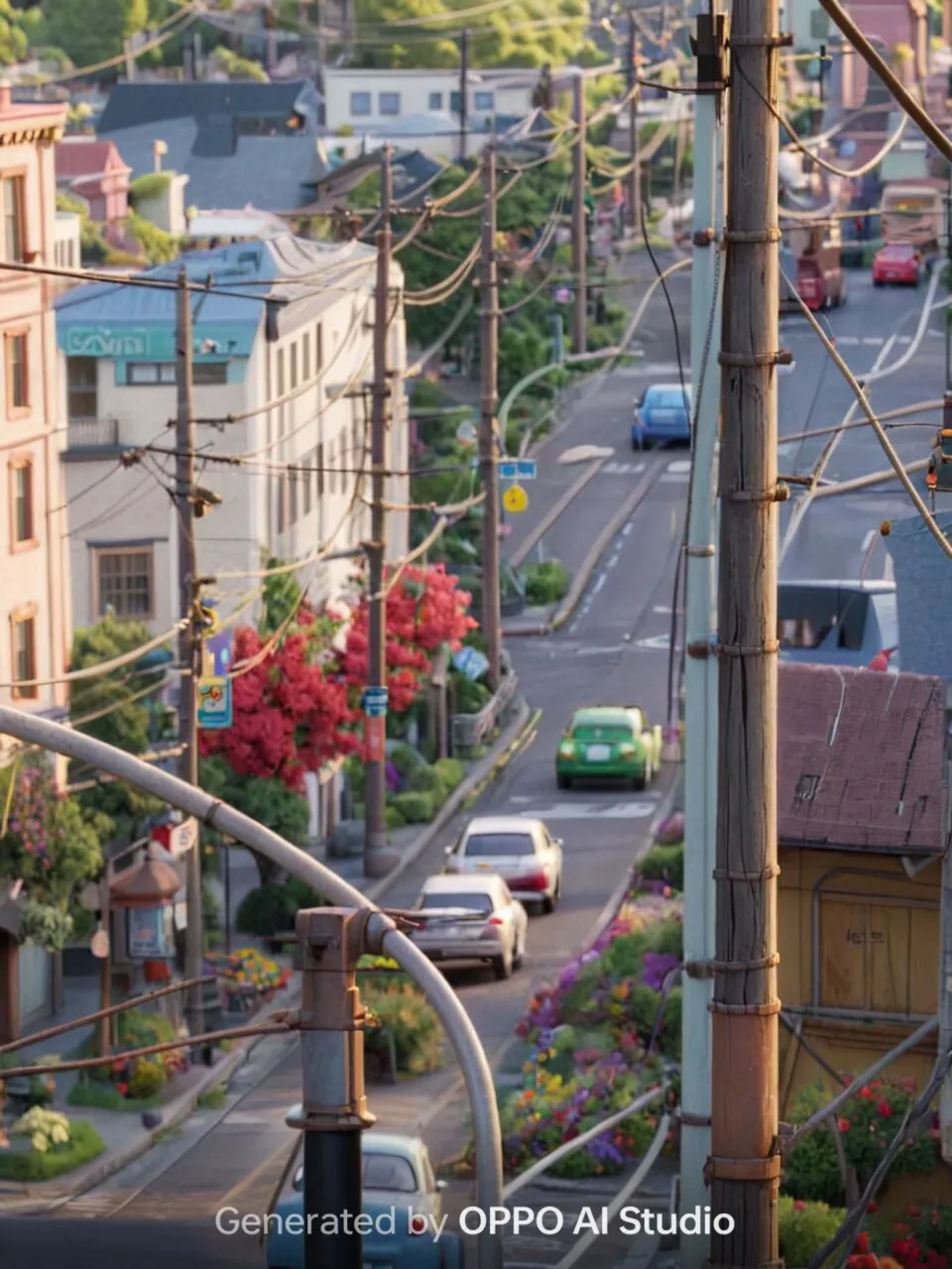 坂道の街並みと電柱、車列を色彩豊かに描いたアニメ風のAI生成画像