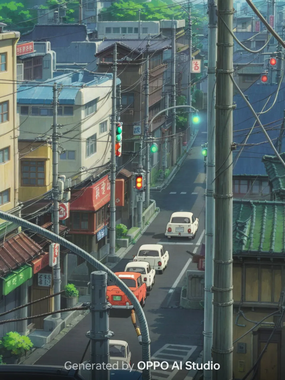 電柱と古い建物が並ぶ日本風の街並みをアニメ調で描いたAI生成画像