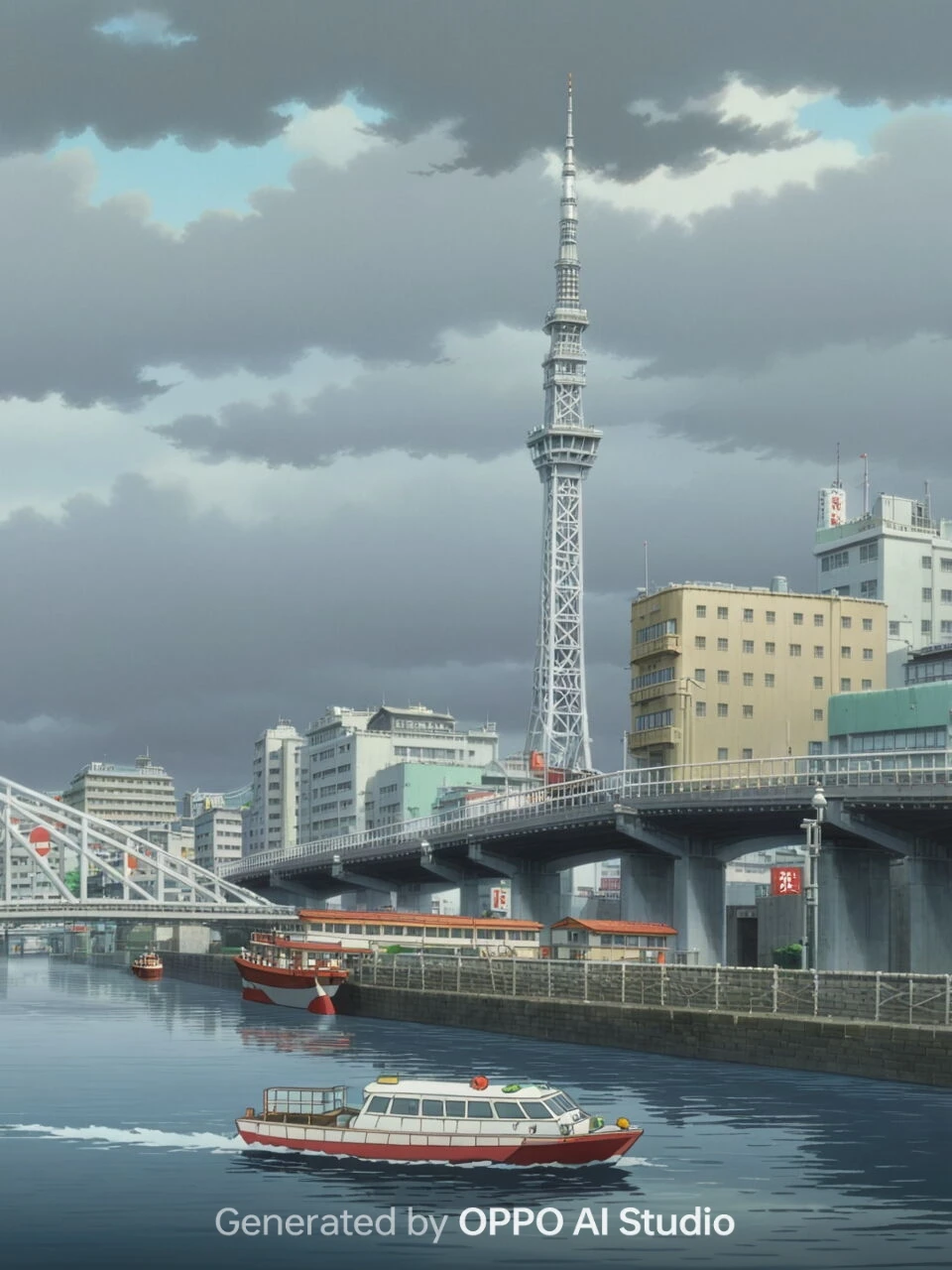 OPPO Reno13 AのAI Studio生成例。スカイツリーと川辺の船をアニメ調で再現した風景イラスト（Generated by OPPO AI Studio）。