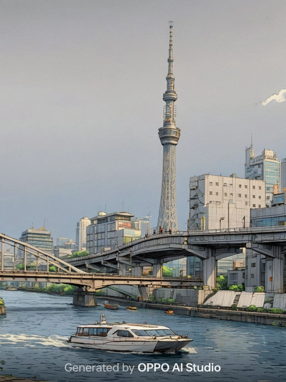 OPPO Reno13 AのAI Studio生成例。スカイツリーと川辺の船をアメコミ調で再現した風景イラスト（Generated by OPPO AI Studio）。