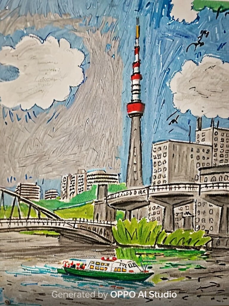 OPPO Reno13 AのAI Studio生成例。スカイツリーと川辺の船をクレヨン調で再現した風景イラスト（Generated by OPPO AI Studio）。