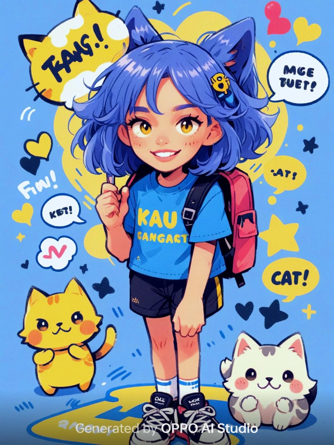 OPPO Reno13 AのAI Studio生成例。猫モチーフのポップなイラスト風キャラクター（Generated by OPPO AI Studio）。