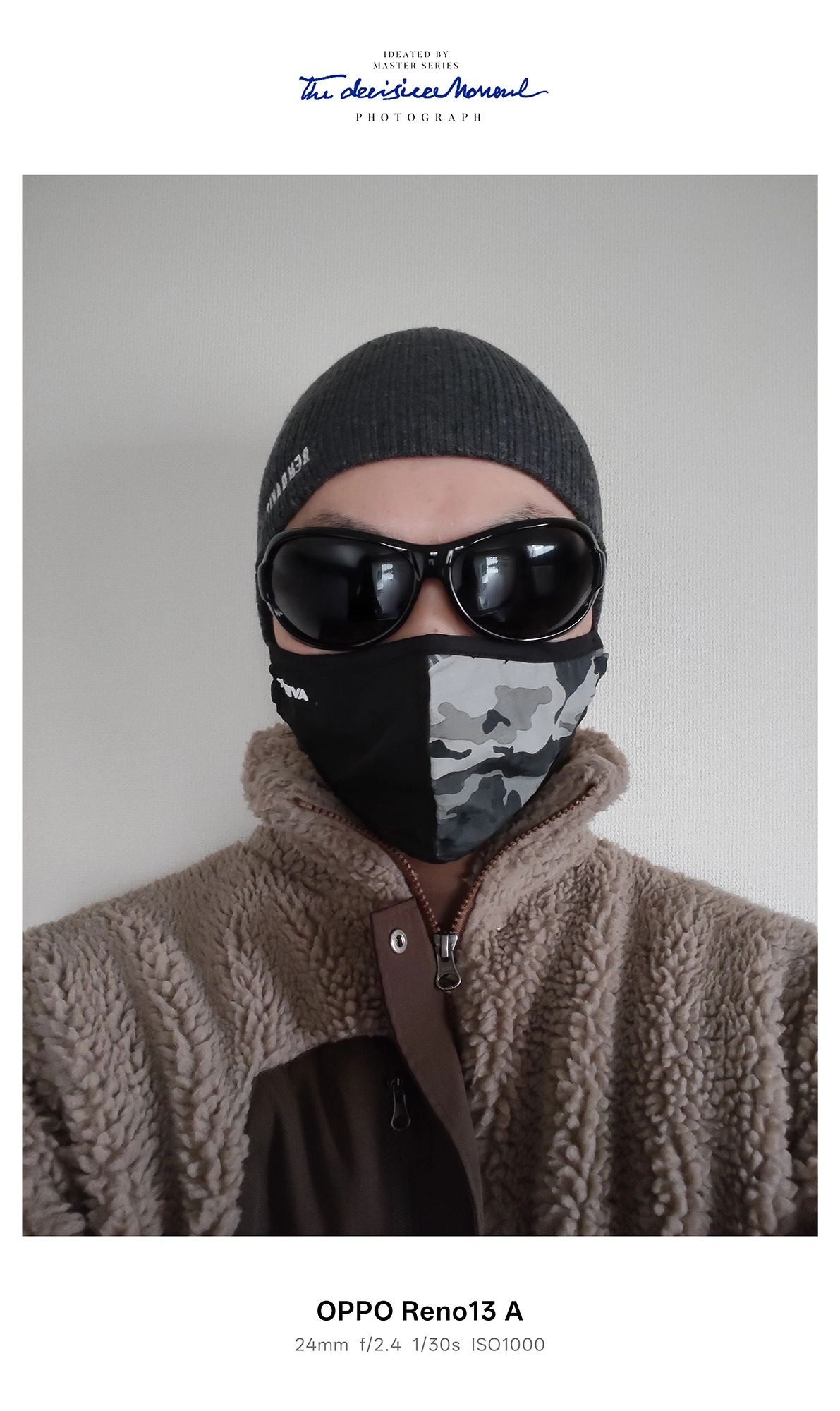 OPPO Reno13 A ポートレート作例：室内自然光下で撮影した人物（防寒着・サングラス・マスク着用）