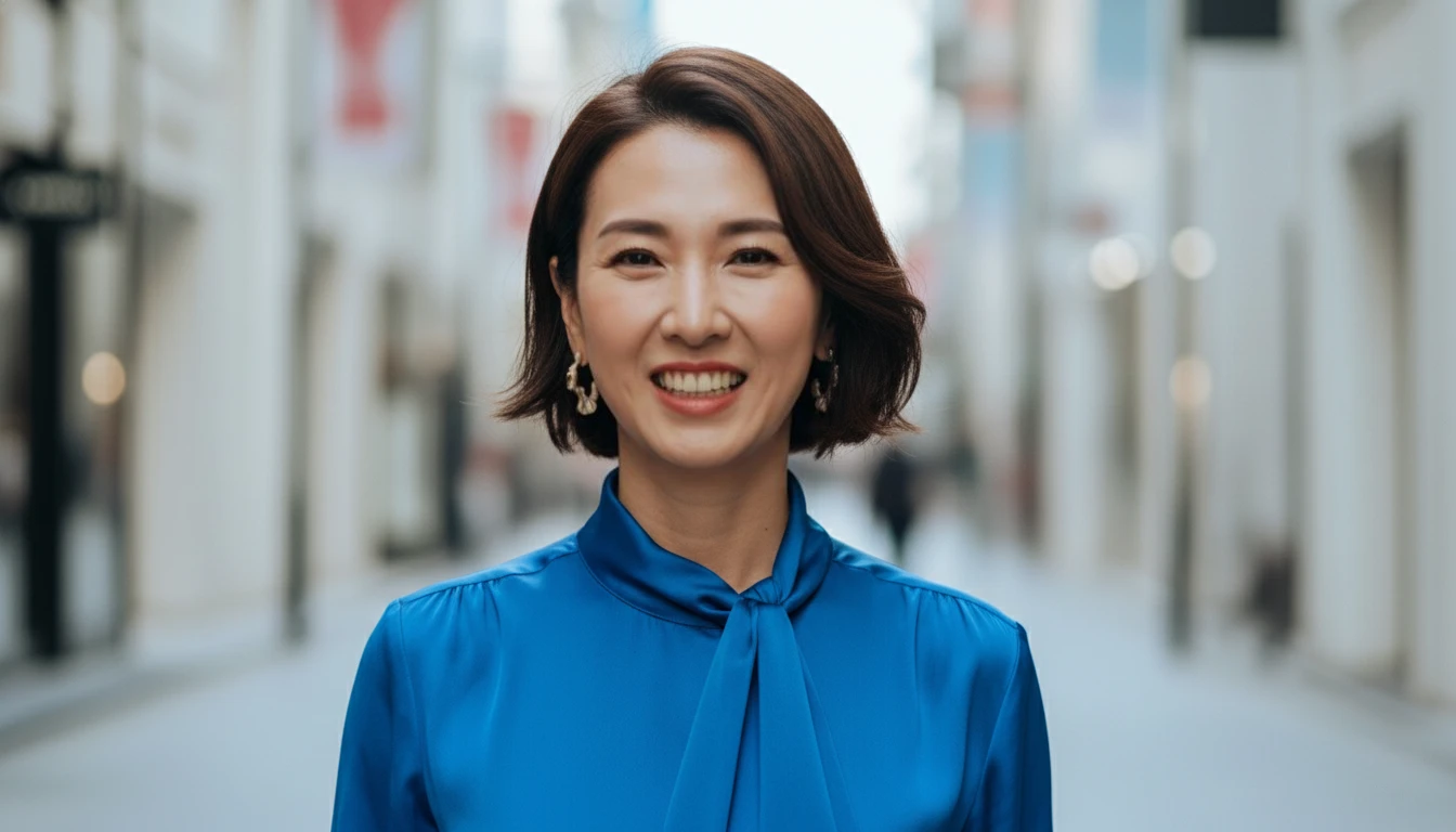 街中で青いブラウスの女性が明るく笑顔を見せるポートレート写真。