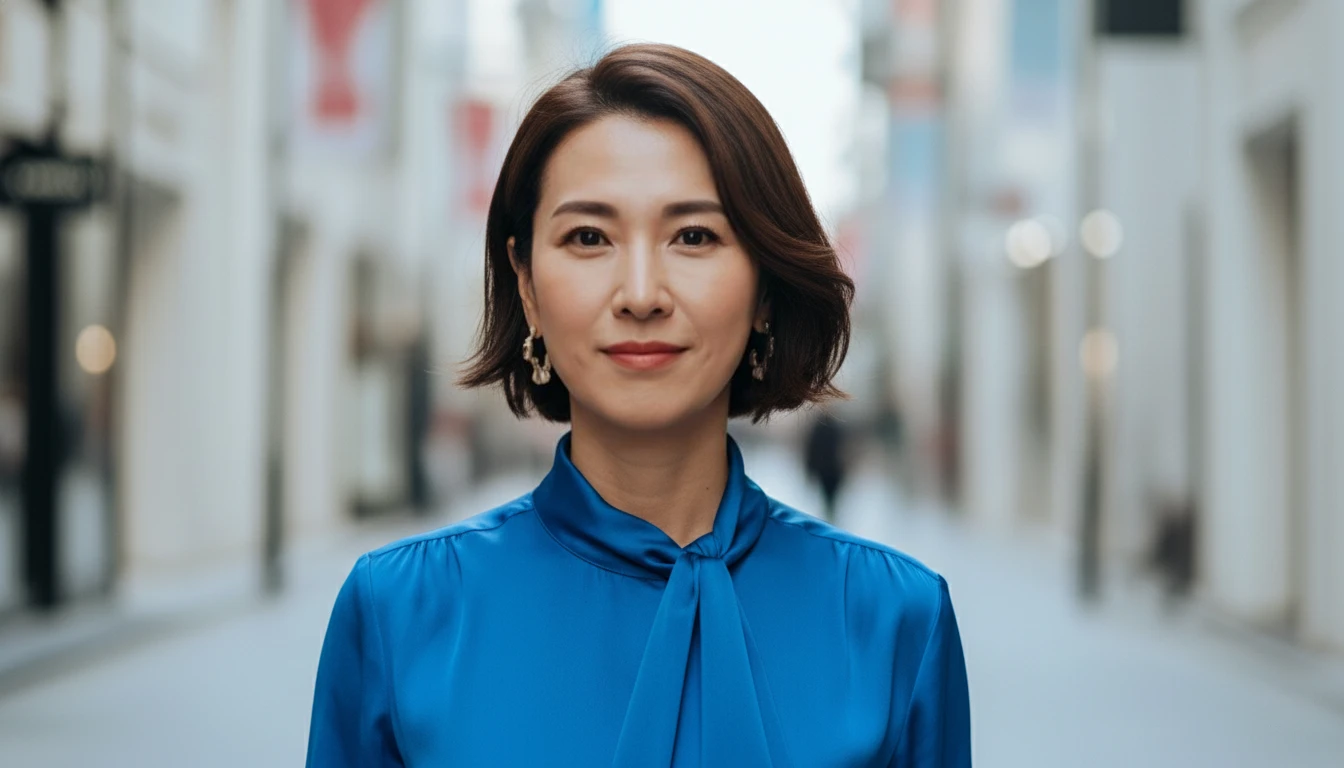 青いブラウスの女性が街中で穏やかに微笑むポートレート写真。