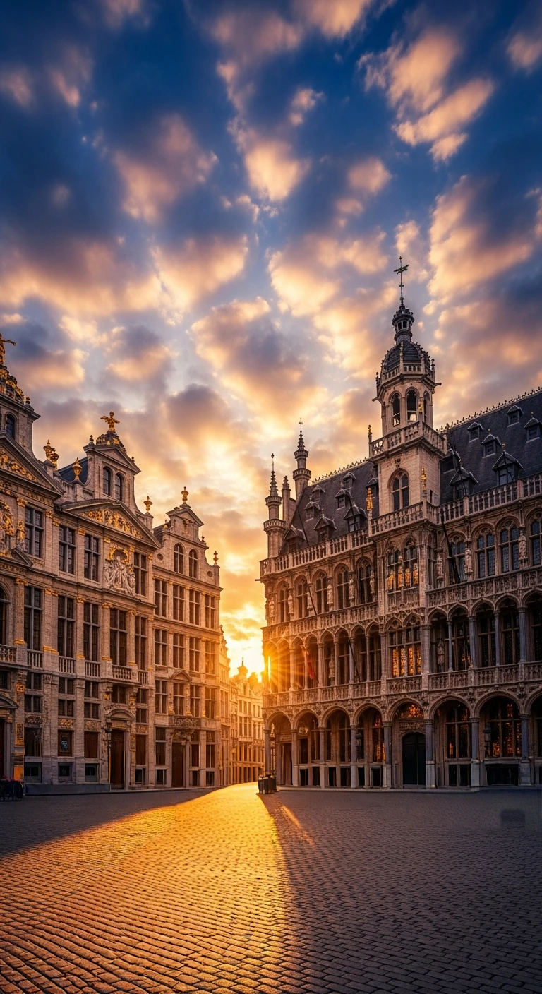 色づいた雲が空一面に広がる夕暮れの広場。装飾的な建物と沈む太陽の光が石畳を黄金色に照らす印象的なシーン。