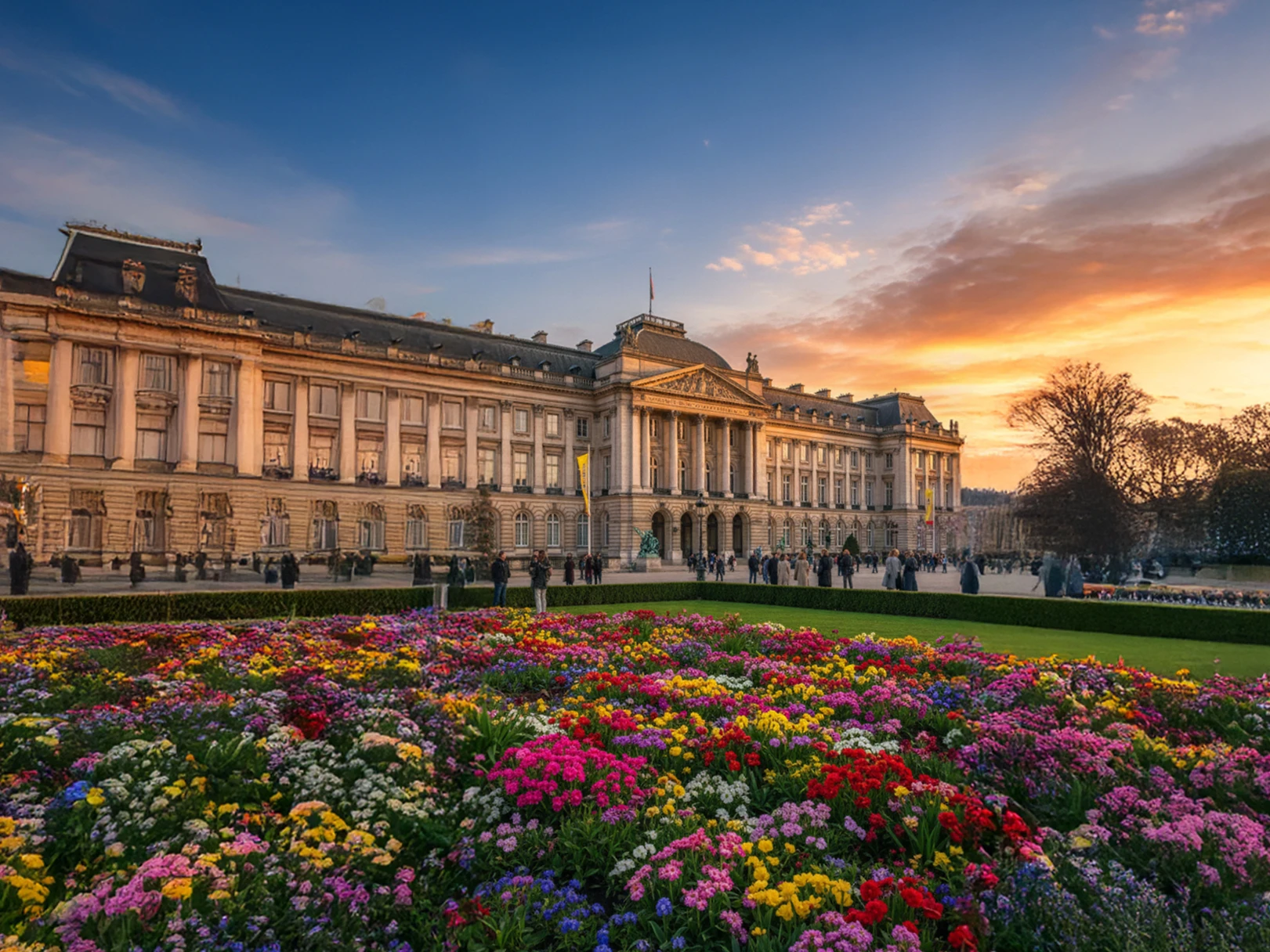 広大な花畑を前景に、壮麗な宮殿が夕日で黄金色に染まる様子を捉えた写真。