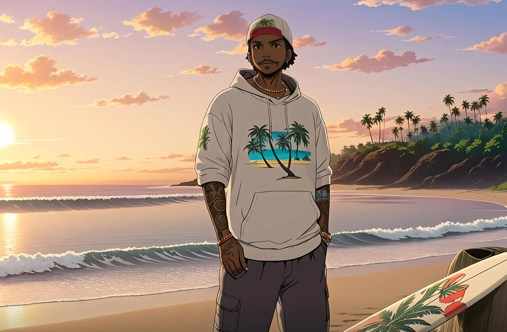 OPPO Reno13 AのAIスタジオで作成したビーチ背景に男性が立つ