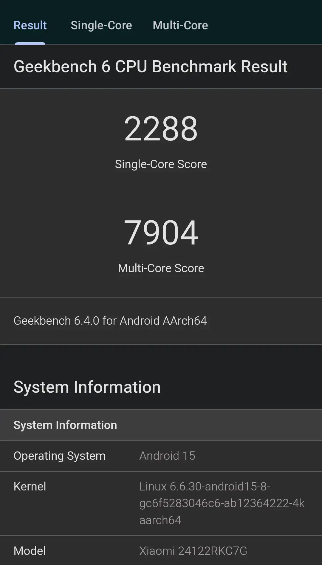 POCO F7 UltraのGeekbench 6 CPUスコア(シングル2288/マルチ7904、Android 15)