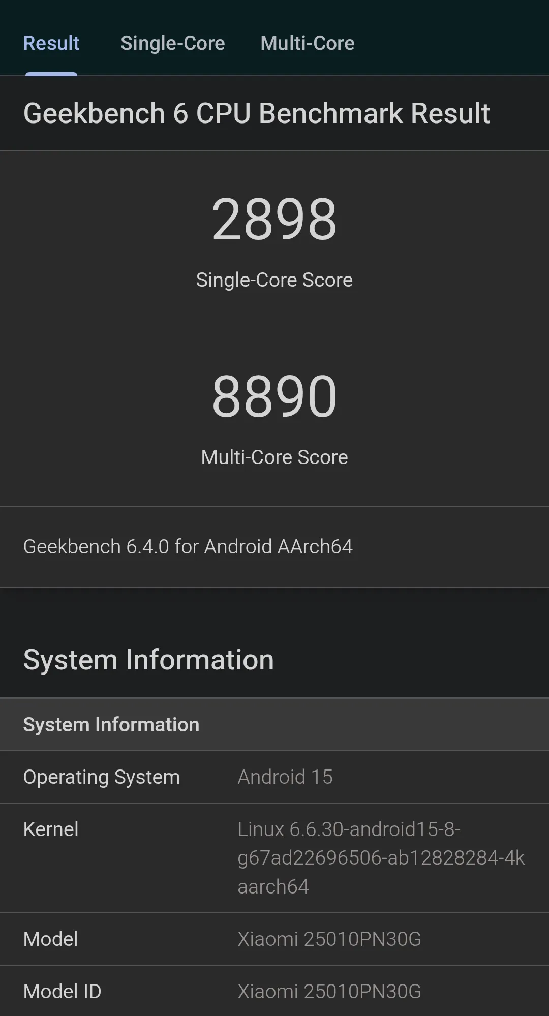 Xiaomi 15 UltraのGeekbench 6 CPUスコア(シングル2898/マルチ8890、Android 15)