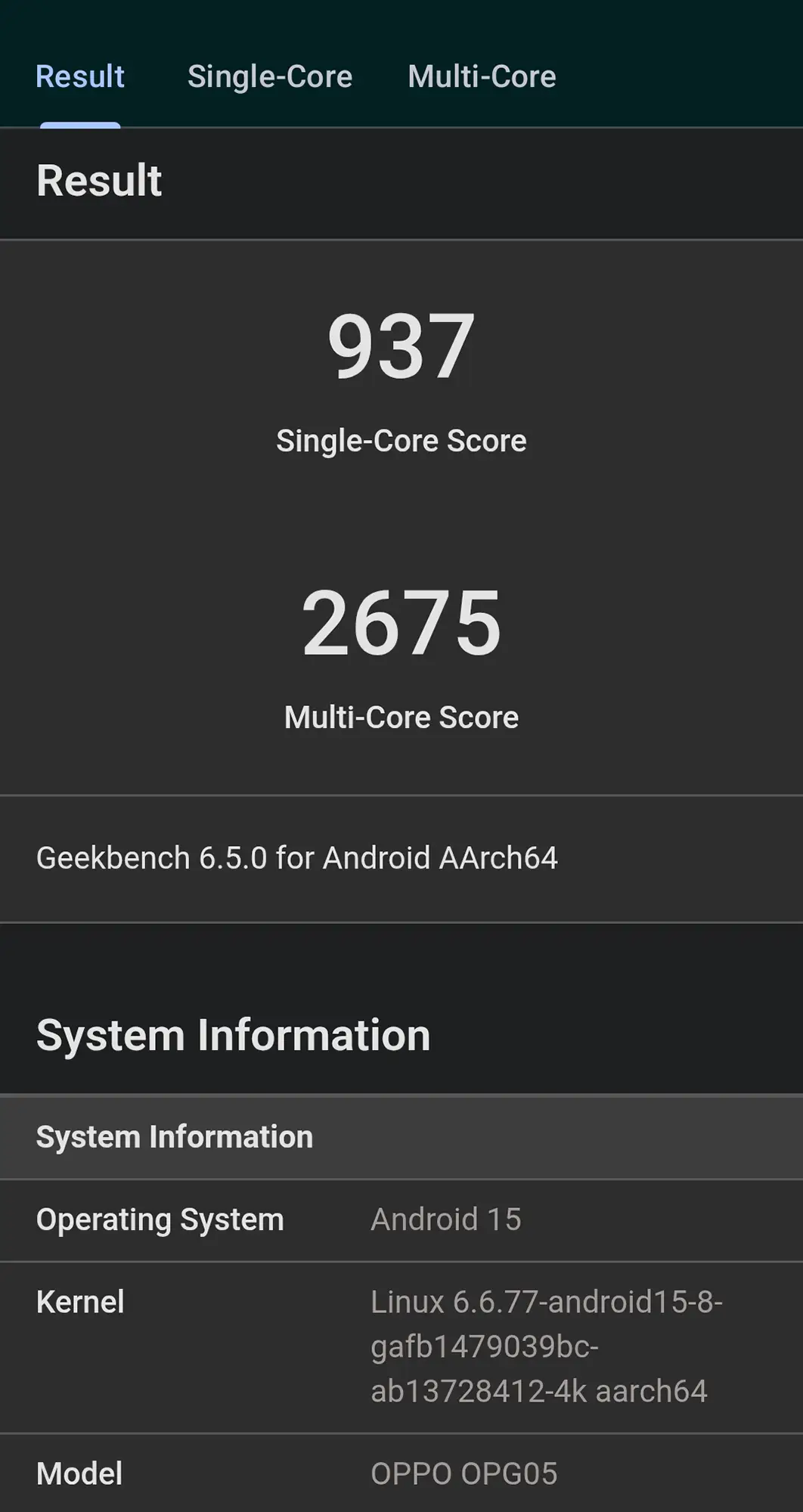 OPPO Reno13 A（モデル番号 OPG05）のGeekbench 6 CPU計測スコア画面