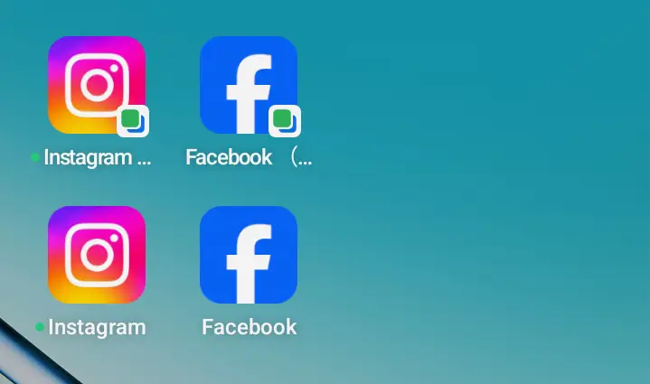 OPPO A5 5Gのホーム画面上のアプリアイコンのクローズアップ。オリジナルのInstagramとFacebookのアイコンに加え、右下に緑色のマークがついたクローンアプリ(Instagram (Clone)とFacebook)のアイコンが並んで表示されている。