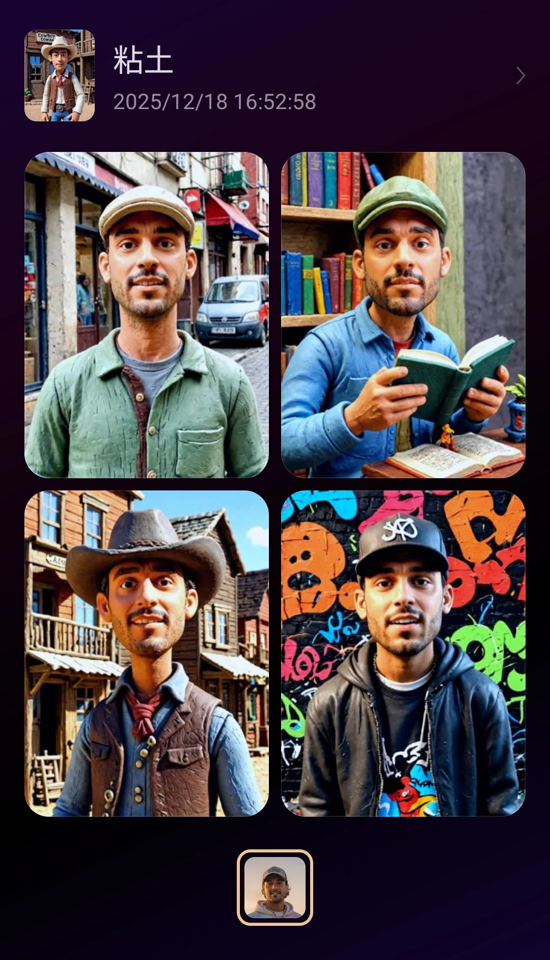 OPPO Reno13 AのAI Studio画面。「粘土」スタイルの生成結果サムネイル一覧（4枚表示）。