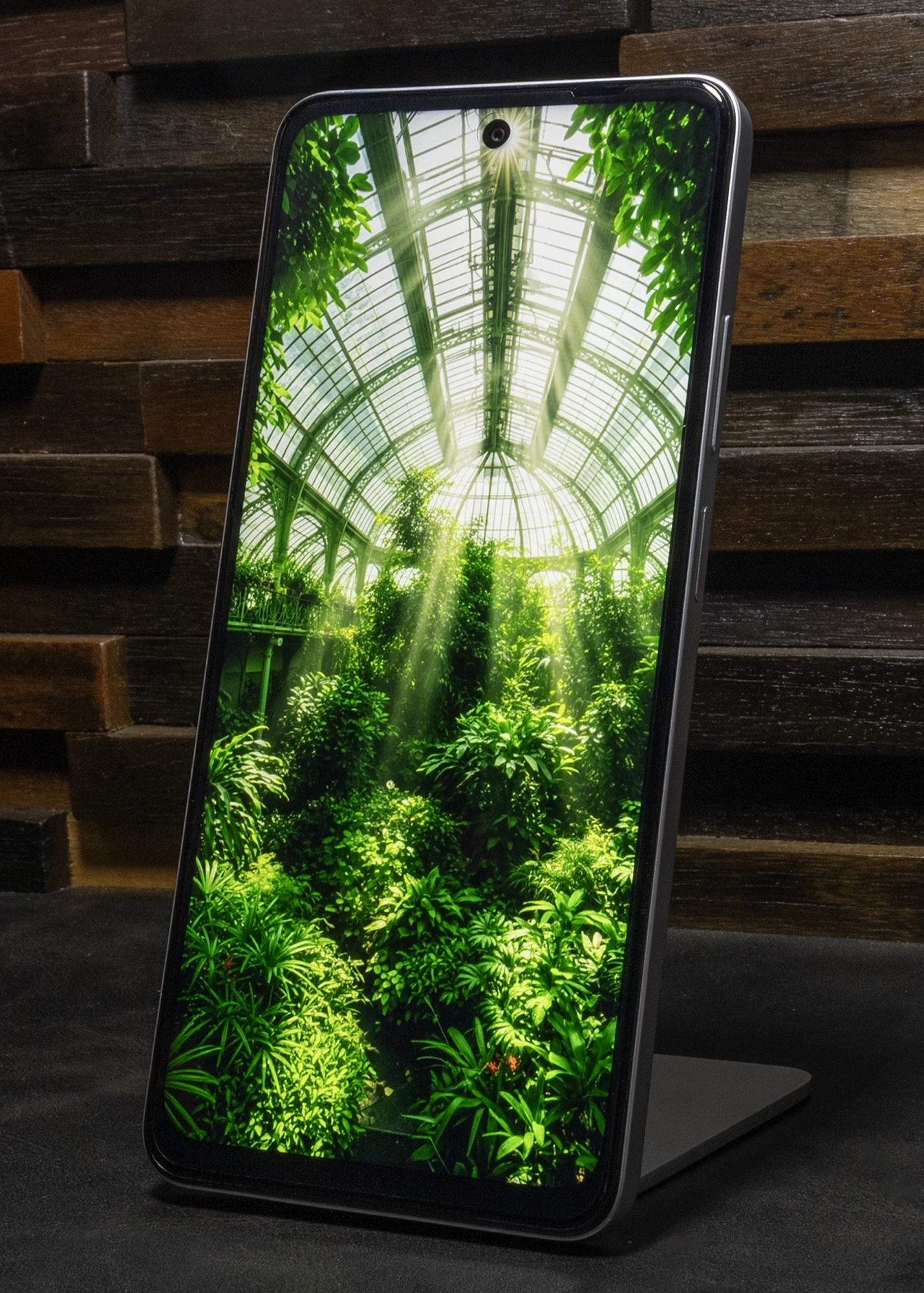 スタンドに立てられたOPPO A5 5Gのディスプレイに、ガラス張りの屋根から木漏れ日が差し込む緑豊かな温室の風景写真が表示されている。上部中央にはパンチホールカメラが見える。