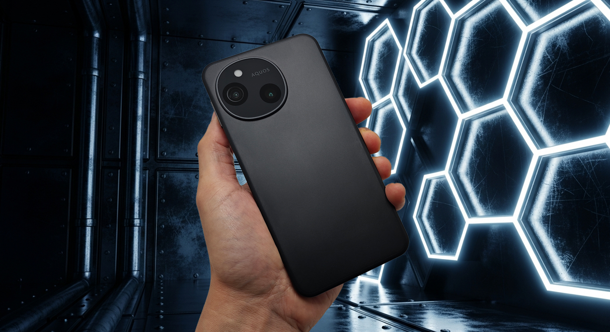 近未来的なLEDパネルが並ぶ暗い金属空間で、手に持った黒いAQUOS sense10の背面デザインを撮影したイメージ。大型円形カメラユニットとシンプルな背面仕上げが強調されたクールでハイテク感のある構図。