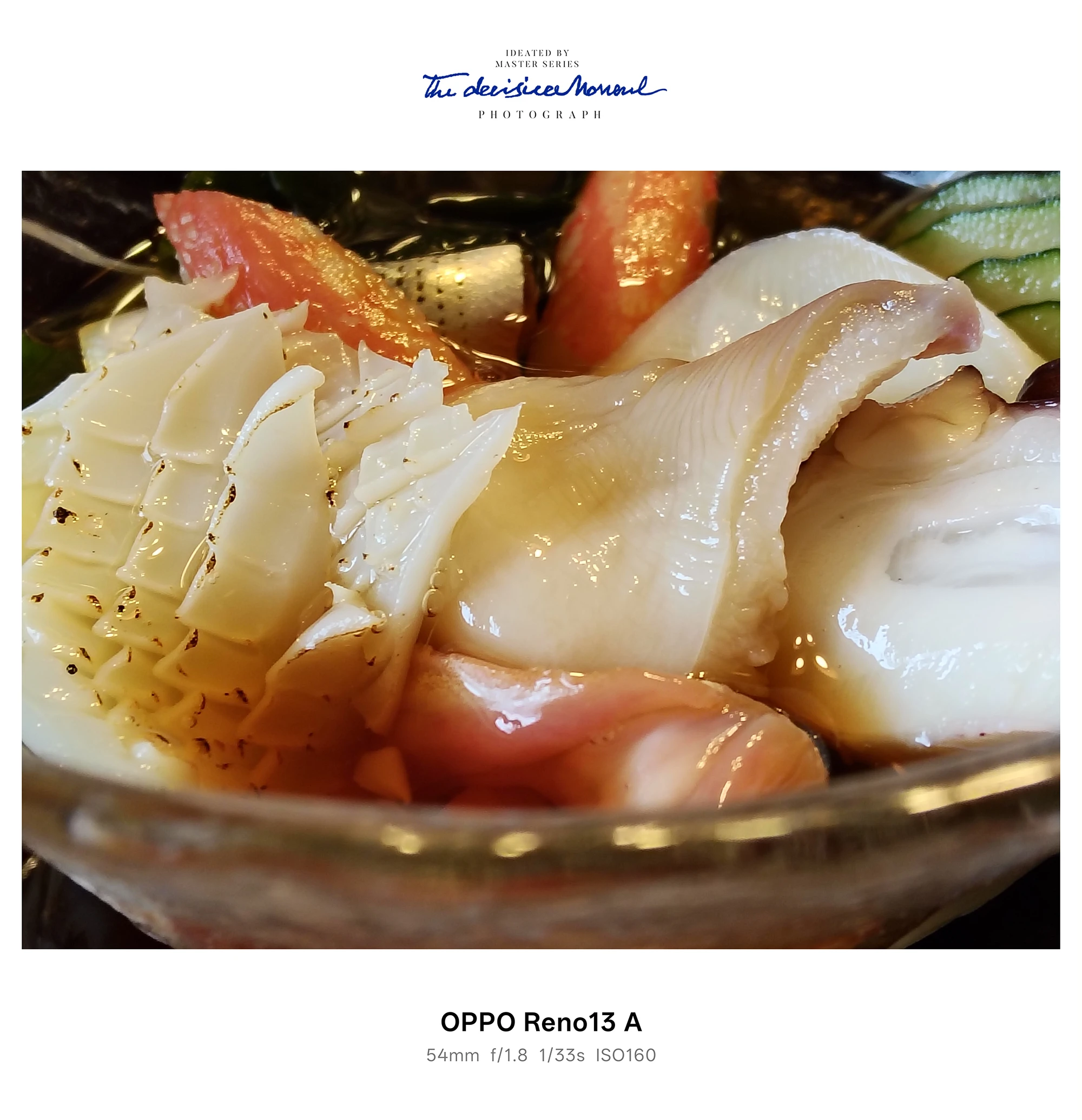 OPPO Reno13 Aで撮影した海鮮料理の接写。54mm相当の画角でイカや貝の質感を鮮明に捉えたカメラ作例