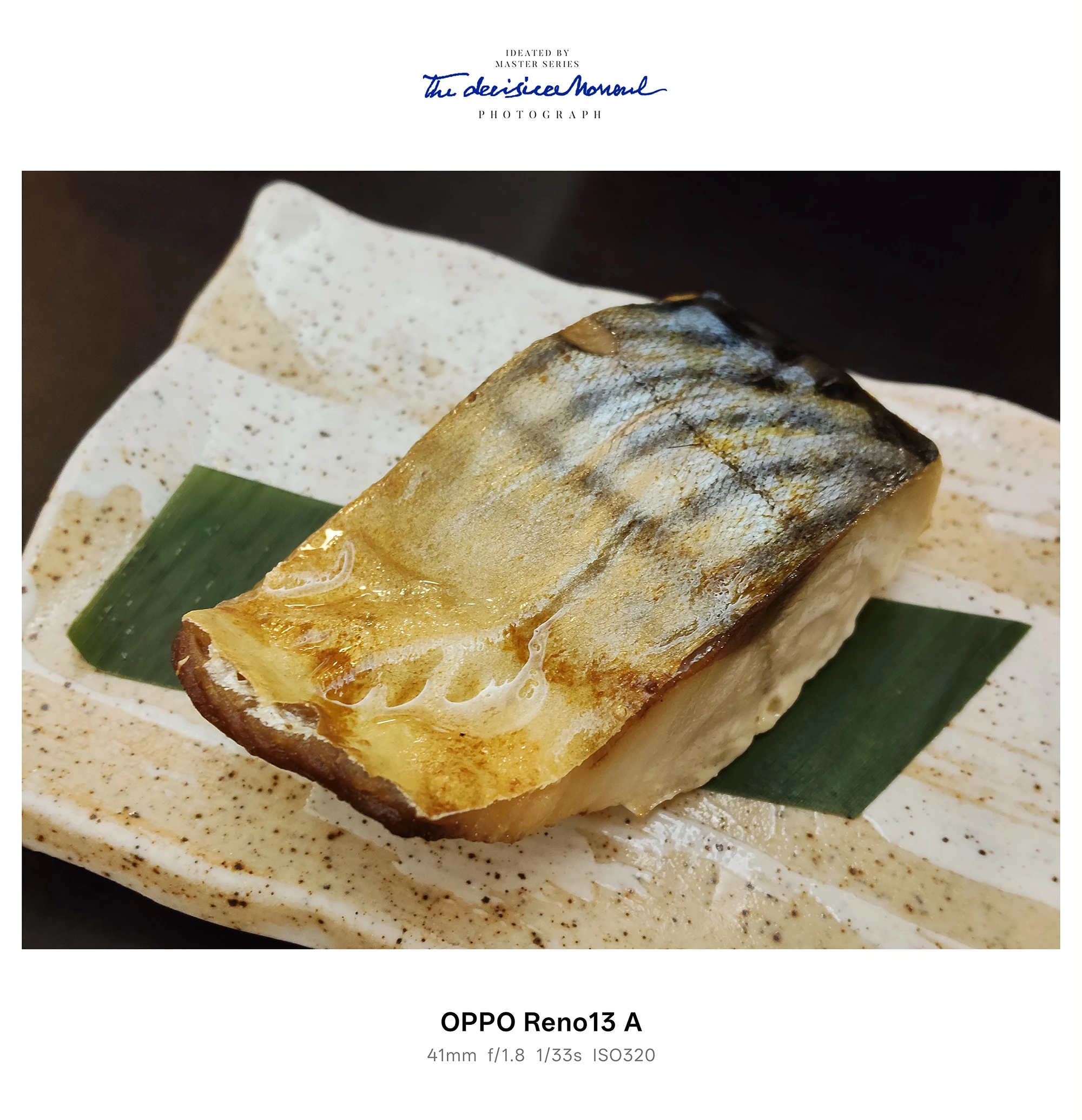 OPPO Reno13 Aで撮影した、皮目を香ばしく焼いた焼き魚の切り身を皿に盛った一品