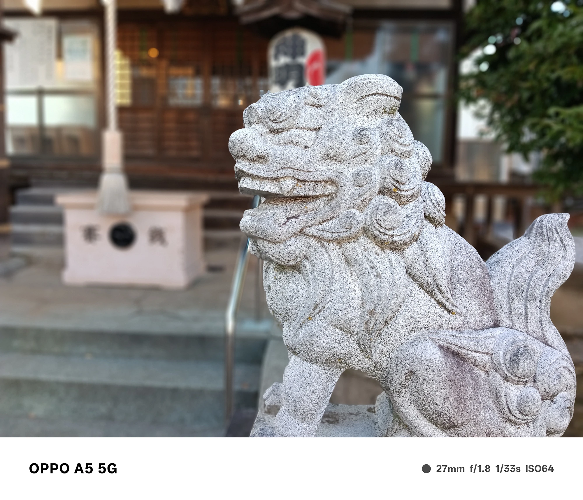 OPPO A5 5Gで撮影した狛犬の石像。社殿が背景にぼけて写り、像の質感や彫刻の細部がクリアに表現された作例