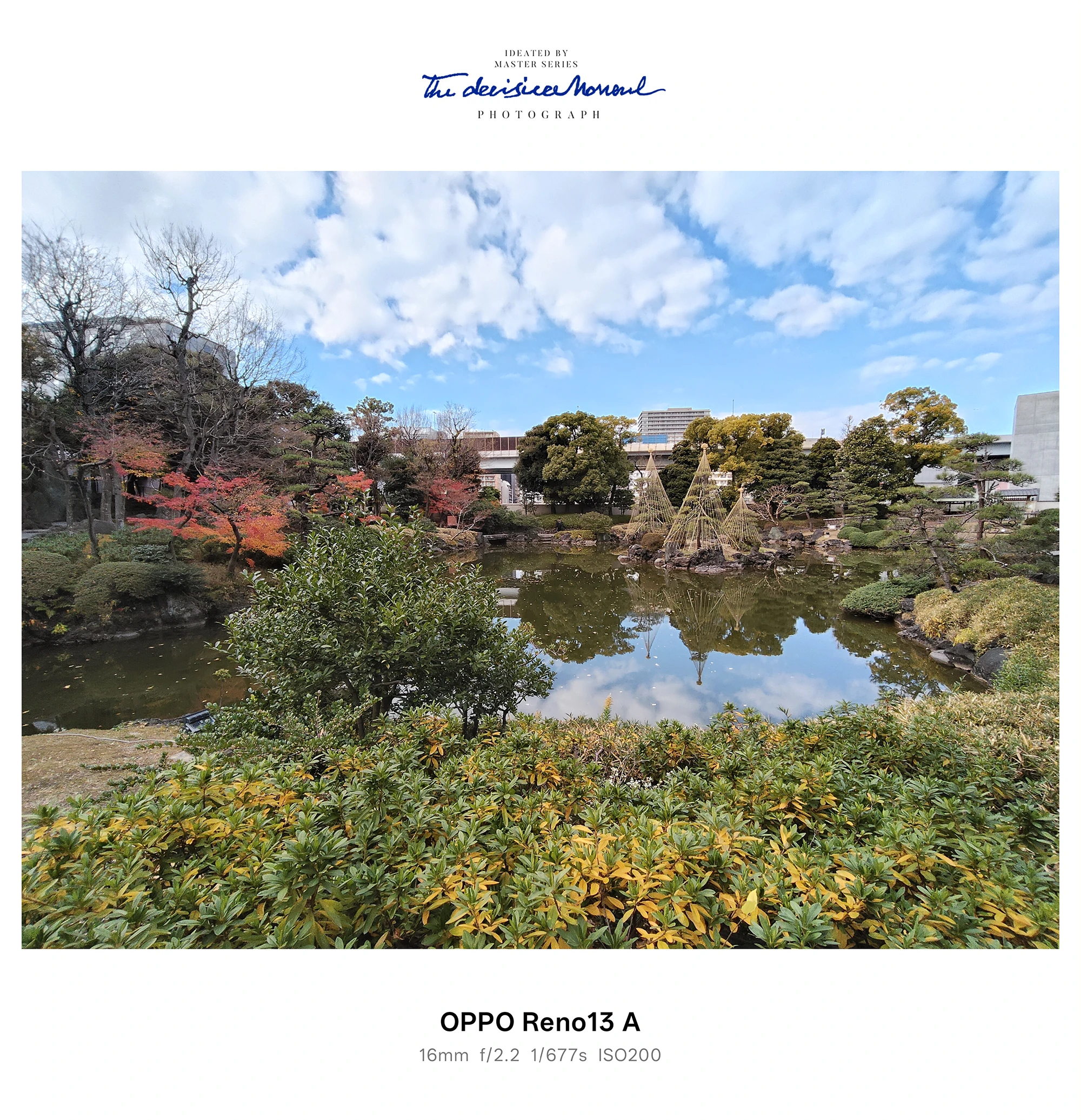 OPPO Reno13 Aの超広角で撮影した日本庭園の池と雪吊り、紅葉と空の反射