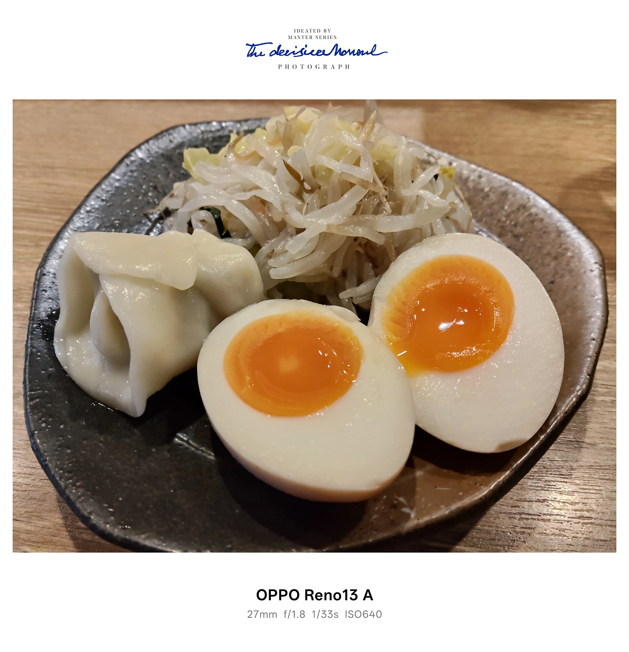 OPPO Reno13 Aで撮影した、味玉半熟卵と餃子、もやし和えの盛り合わせ