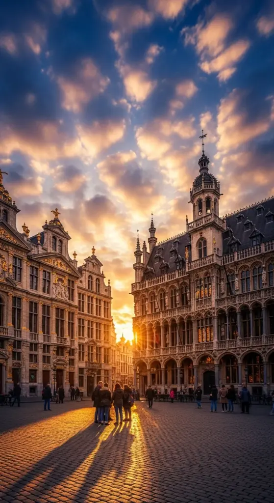 歴史ある建物が立ち並ぶ広場で、夕日が建物の間から差し込み石畳に長い影を落としている様子