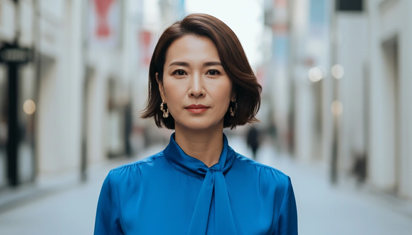 街中のぼかした背景を背に、青いブラウスを着た女性が正面を見つめるポートレート写真。