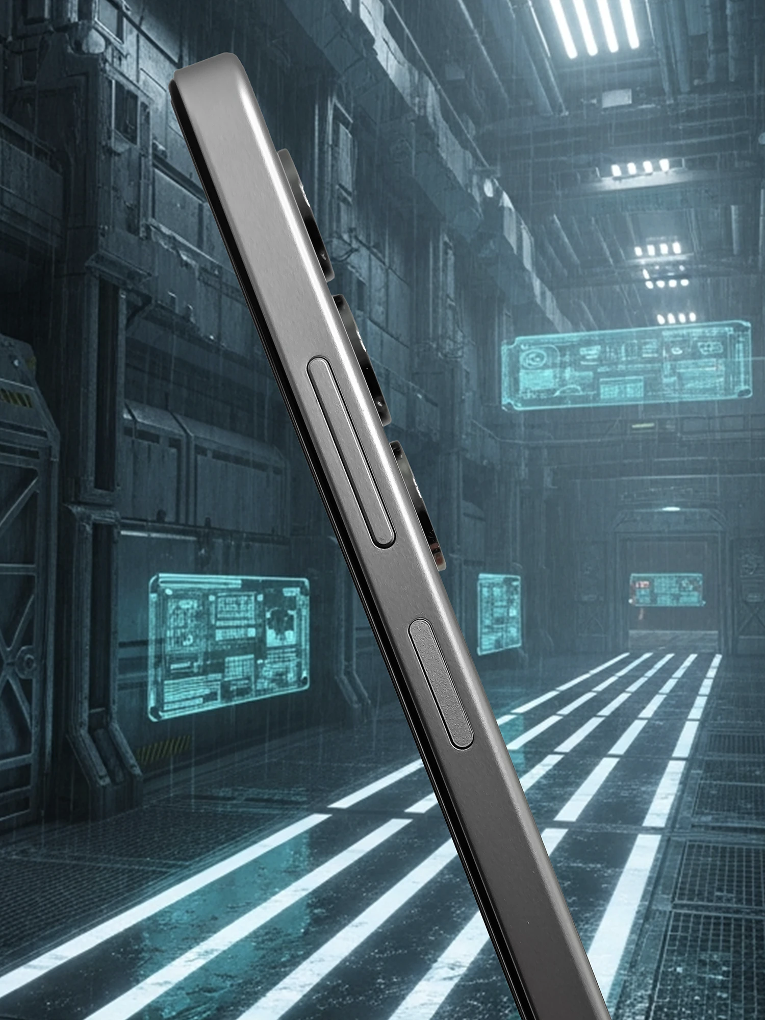 OPPO A5 5G側面のクローズアップ写真。指紋認証機能付きと思われる電源ボタンと、その上にある音量調節ボタンが見える。側面はメタリックな質感で統一されている。