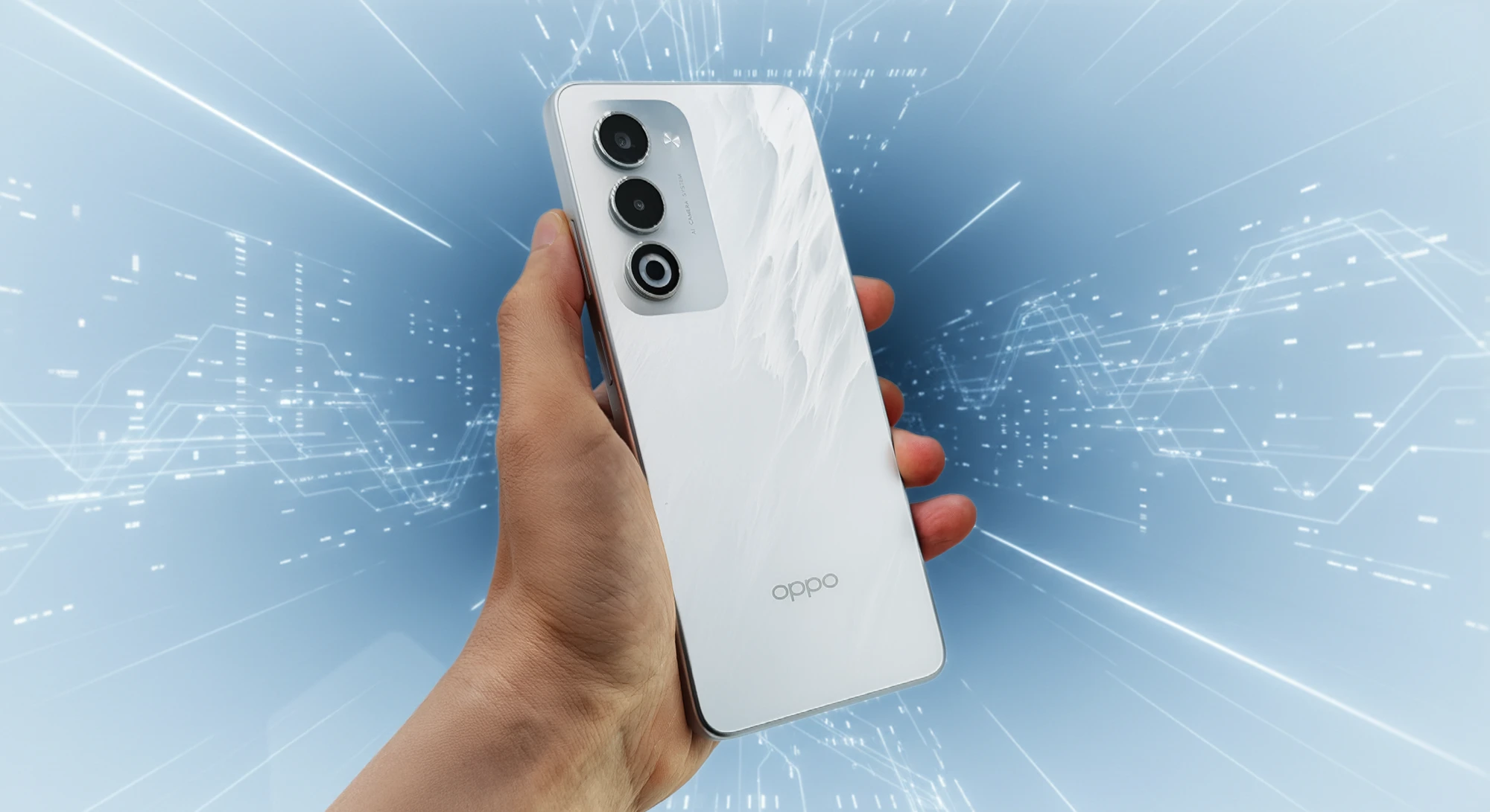 OPPO A5 5Gの背面を、手のひらに載せて持っている様子。背面は光沢のある特殊加工が施されており、縦に並んだトリプルカメラと、下部にOPPOのロゴが見える。背景には未来的なデジタル回路図のような光のラインが描かれており、先進的なデザインと高性能カメラをアピール。