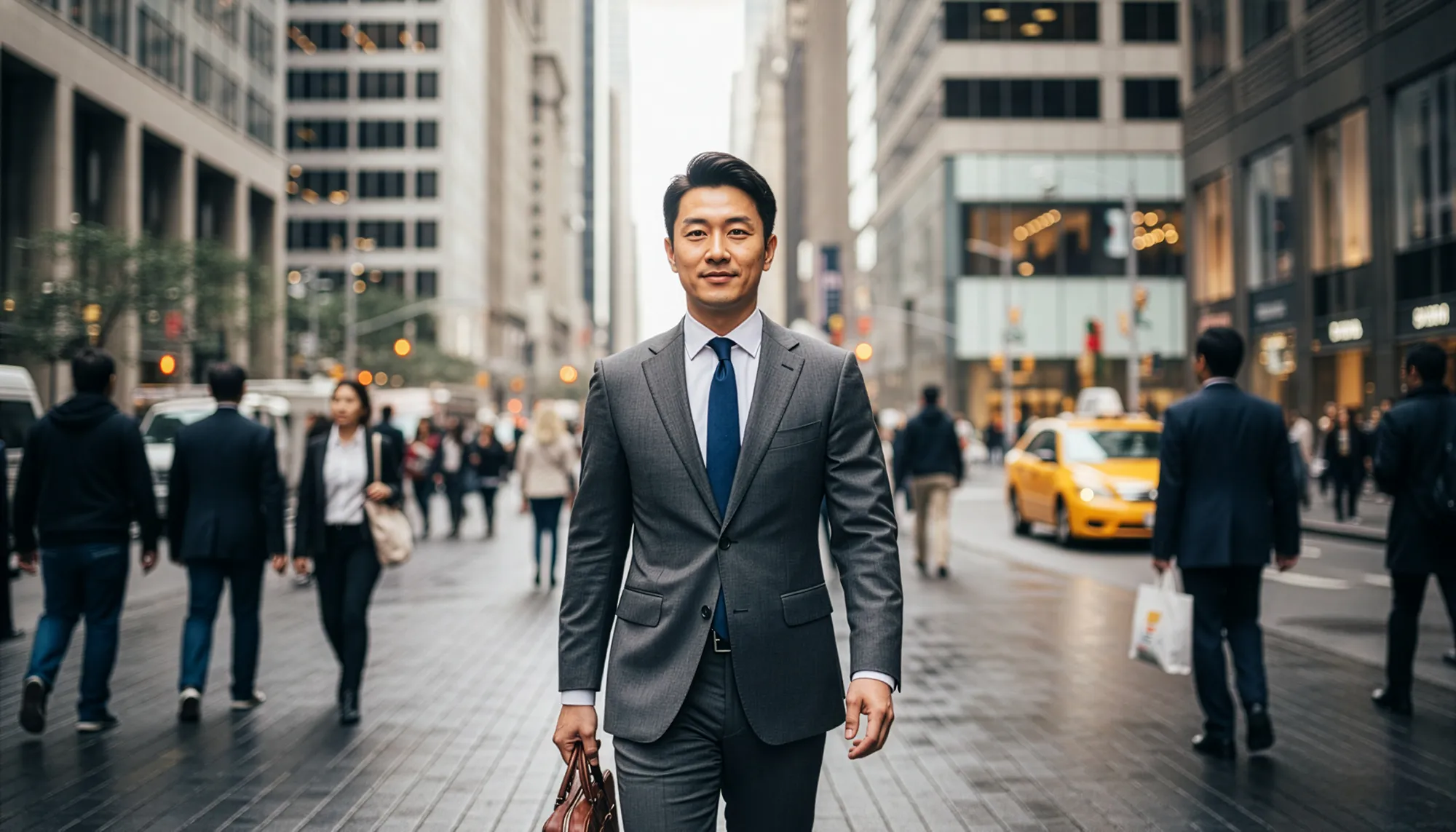 スーツ姿の男性が都会の通りを歩くポートレート。背景には歩行者とタクシーが写っている。