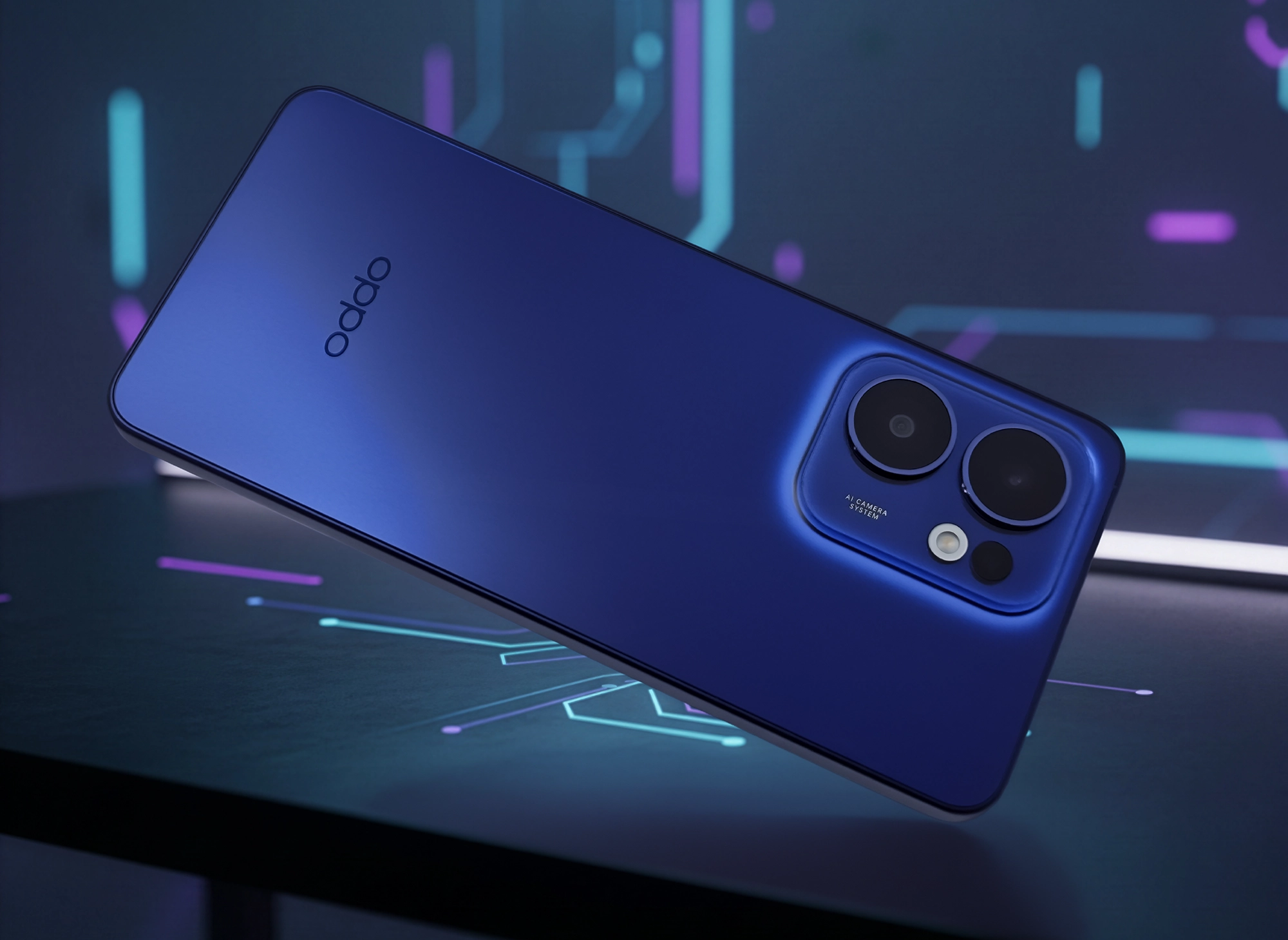 OPPO Reno13 Aの背面全体を横向きで捉えたデザイン画像