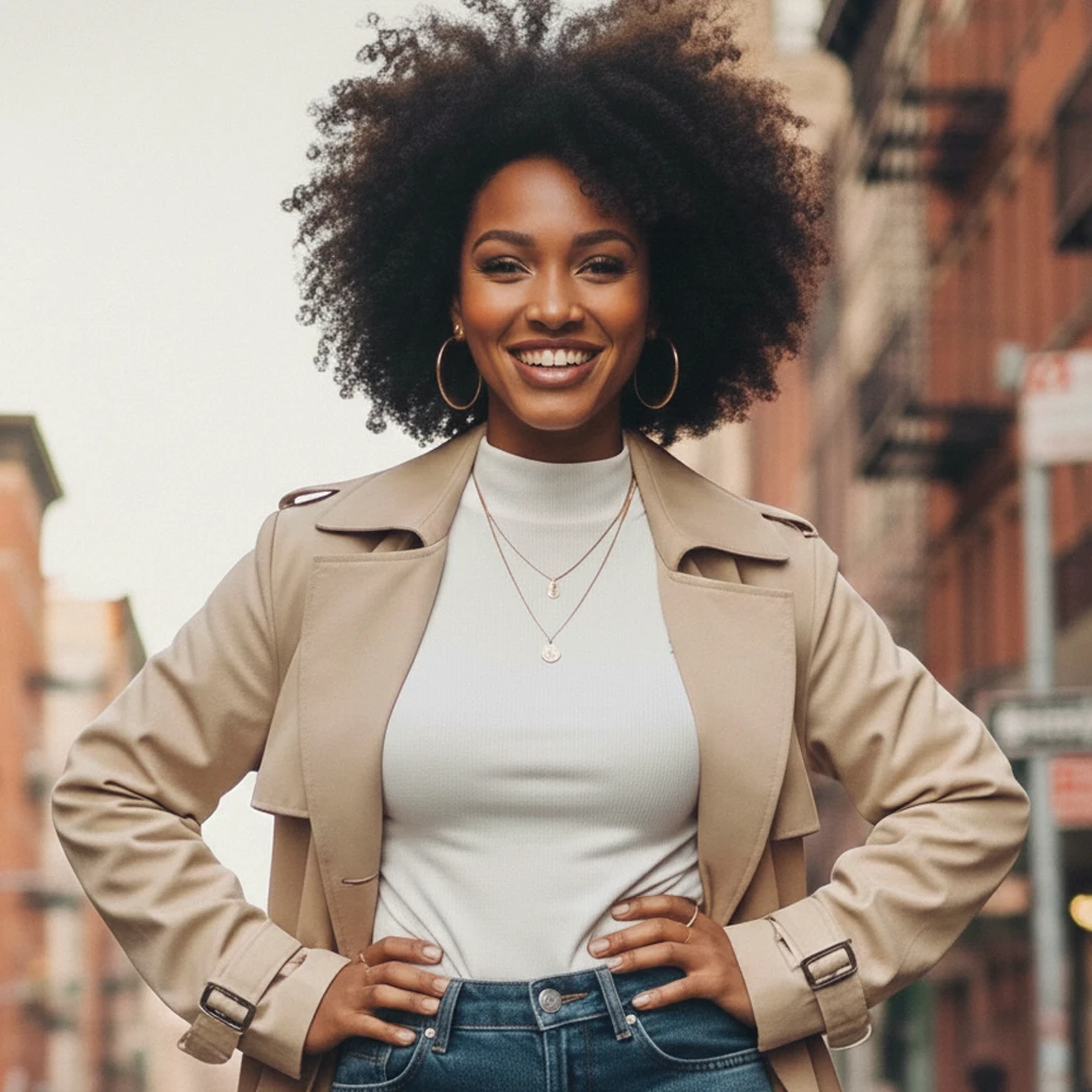 街中で人物を自然なボケと肌の質感で描いたポートレート