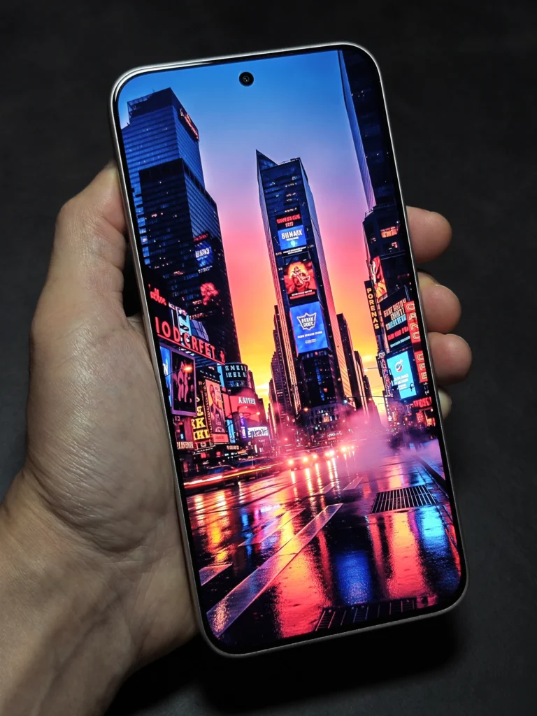 Redmi Note 15 Pro 5Gで表示した高精細な都市夜景写真。ベゼルレスな全面ディスプレイ。