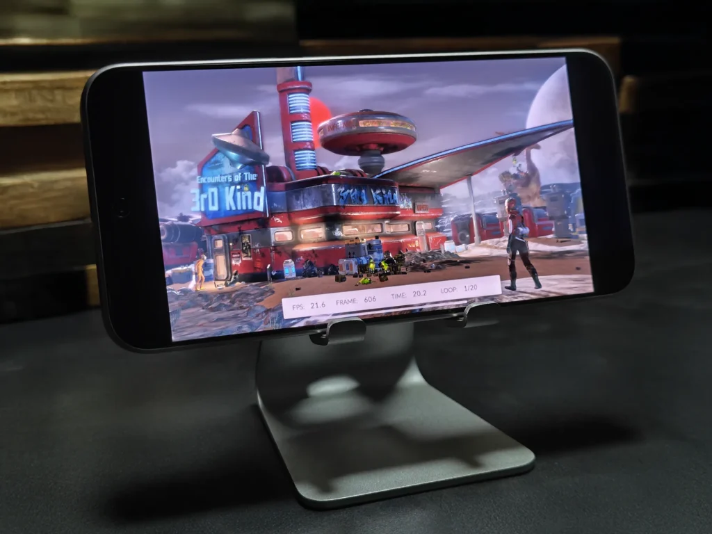 Redmi Note 15 Pro 5Gでの3Dベンチマーク測定。平均FPS 21.6を記録した際の実機写真。