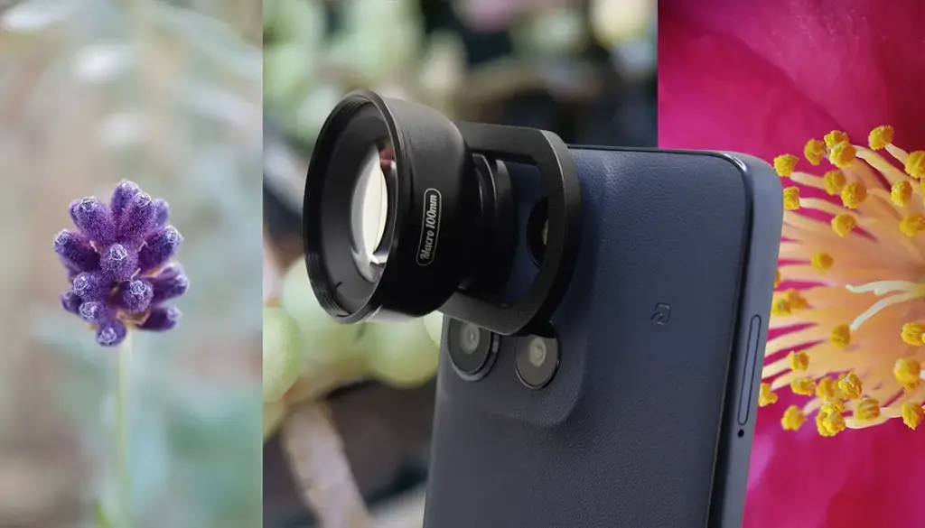 moto G66j 5Gに外付けマクロレンズ(Macro 100mm)を装着した撮影セットの写真