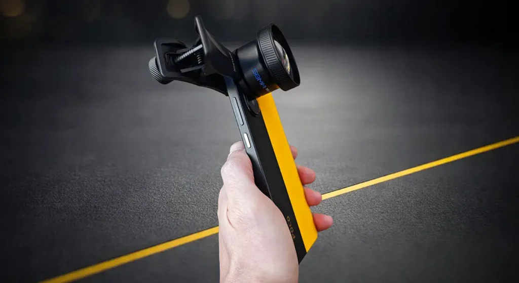 イエローカラーのPOCO X7 Proに専用クリップで装着されたNEEWER 58mm望遠レンズ LS-71の外観。手持ちでのサイズ感と装着イメージ。