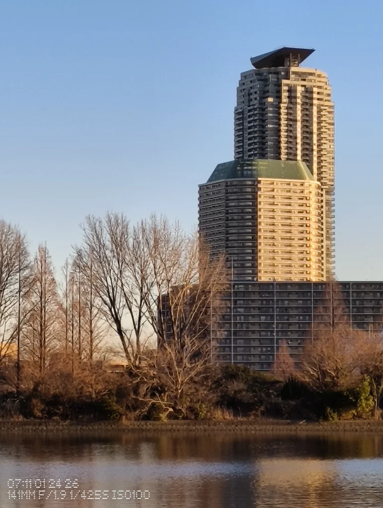 Nothing Phone (3a) Lite/カメラ:メイン(広角)約5.9倍ズーム/焦点距離:141mm相当/内容:ビルの屋上形状と外壁のリズムを引き寄せ、枝の重なりと水面の反射が望遠らしい圧縮感を演出する