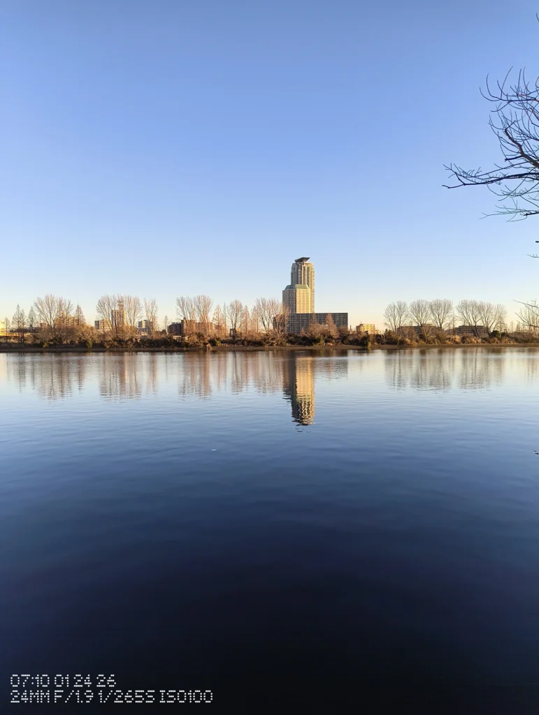 Nothing Phone (3a) Lite/カメラ:メイン(広角)等倍(1倍)/焦点距離:24mm相当/内容:湖面の静かな反射と対岸の高層ビル群を広く捉え、青空のグラデーションと冬木立のシルエットが奥行きを作る