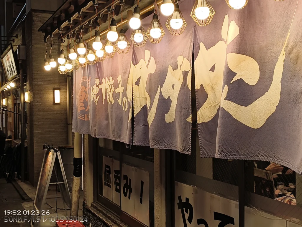 Nothing Phone (3a) Lite/カメラ:メイン(広角)2倍ズーム/焦点距離:50mm相当/内容:夜の通路に吊るされた電球と大きなのれん文字が連続し、暖色の光が包む飲食街の入口を2倍ズームで寄せた描写。