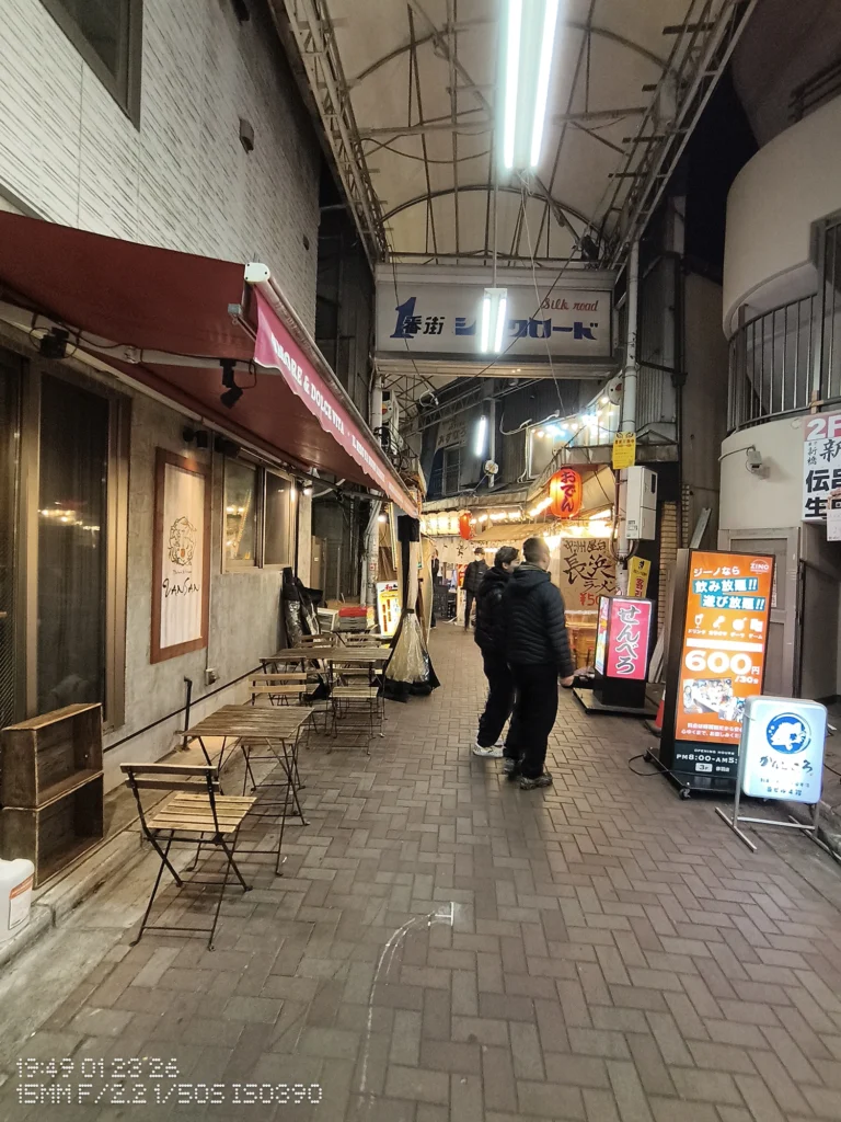 Nothing Phone (3a) Lite/カメラ:超広角/焦点距離:15mm相当/内容:夜の路地型アーケード通路に蛍光灯と飲食店の看板が並び、歩く人と奥行き感が出る夜景