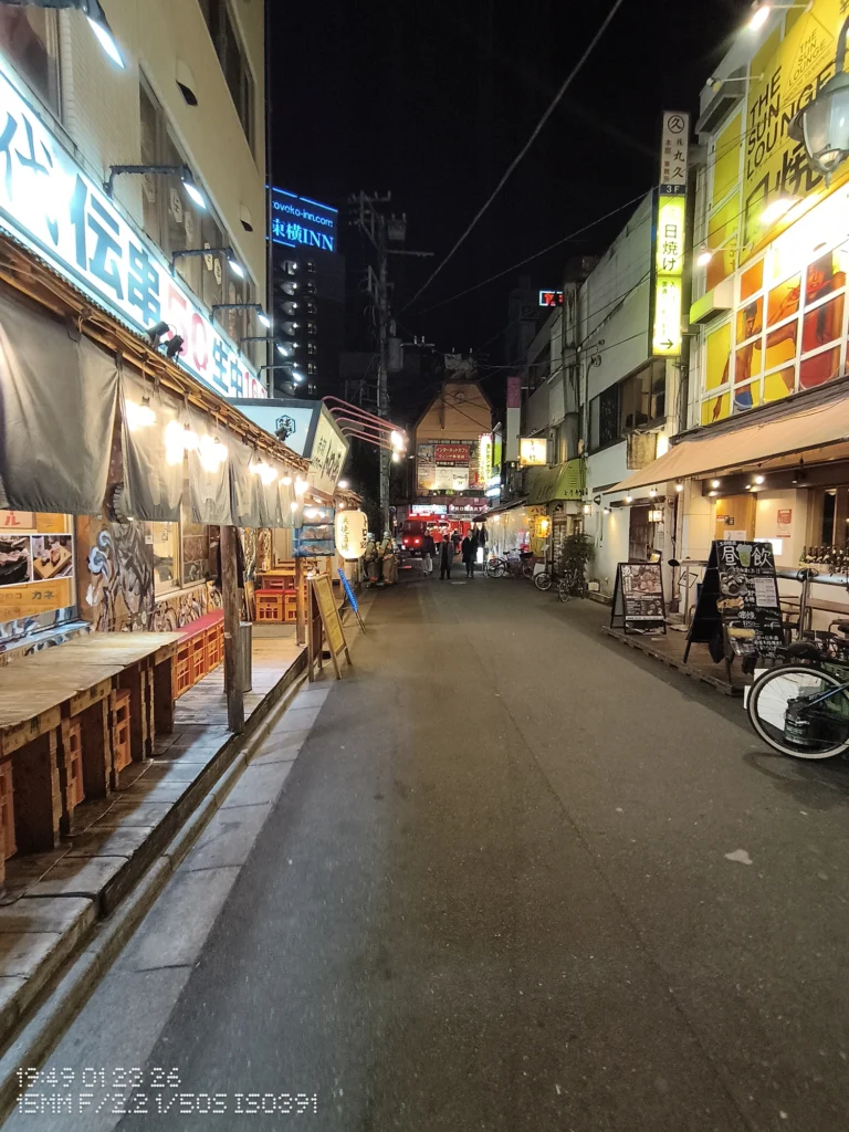 Nothing Phone (3a) Lite/カメラ:超広角/焦点距離:15mm相当/内容:夜の繁華街の通りを広く捉え、飲食店の提灯やネオン看板と路面の光が連なる夜景