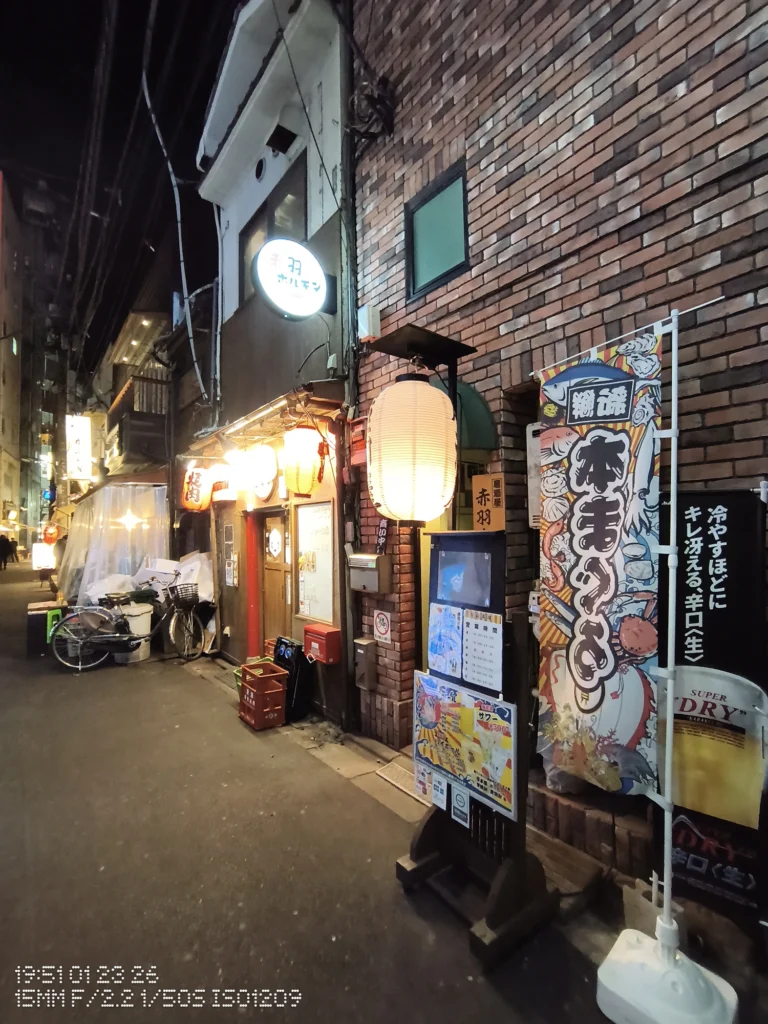 Nothing Phone (3a) Lite/カメラ:超広角/焦点距離:15mm相当/内容:夜の路地に提灯と縦長の看板が光り、レンガ壁と店先の明暗差が強い街灯夜景