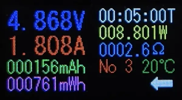 Nothing Phone 3a Liteの低電力充電テスト。4.8V / 1.8A、約8.8Wの出力を計測した際のデータ。